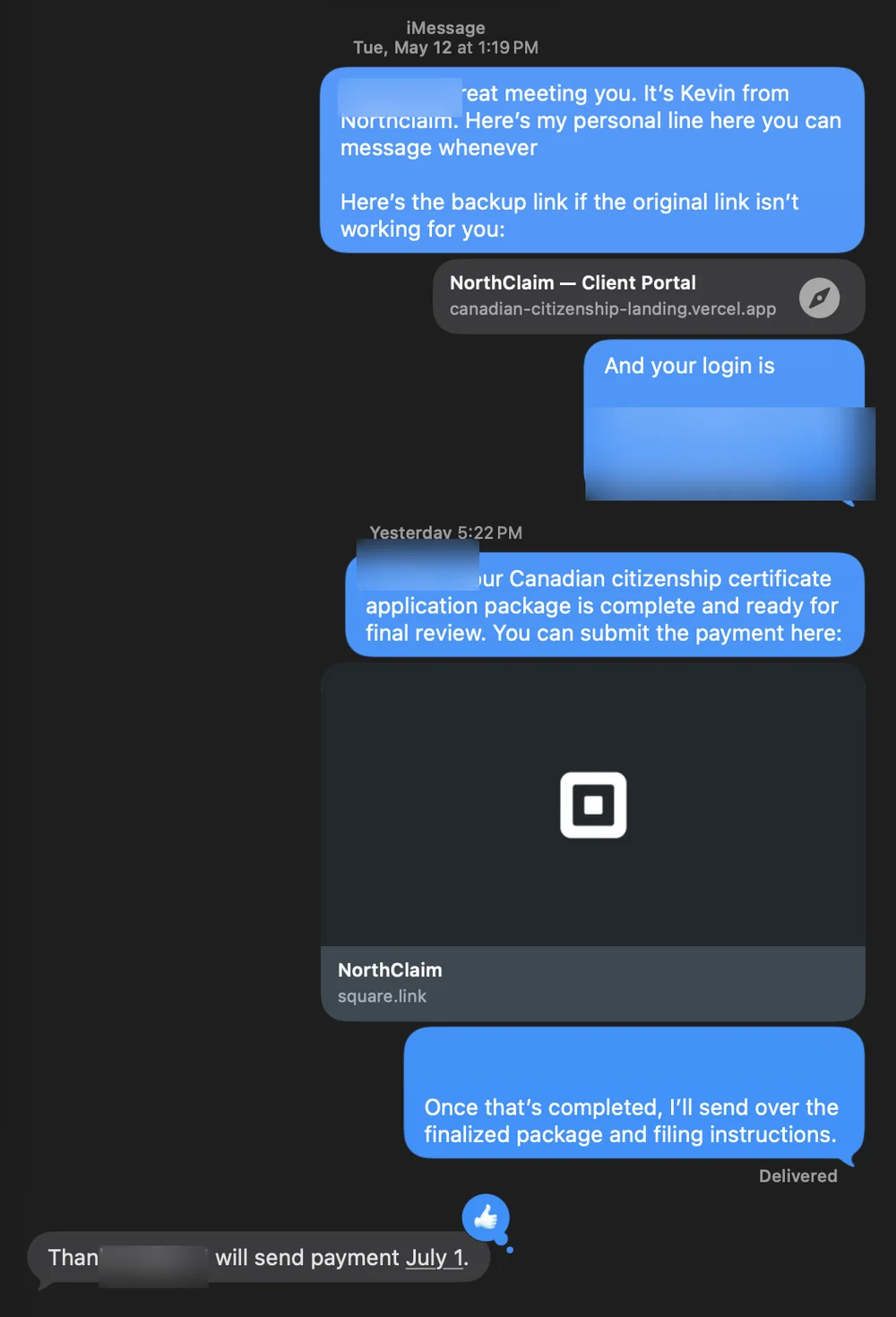 Redacted message showing a completed package ready for final review.
