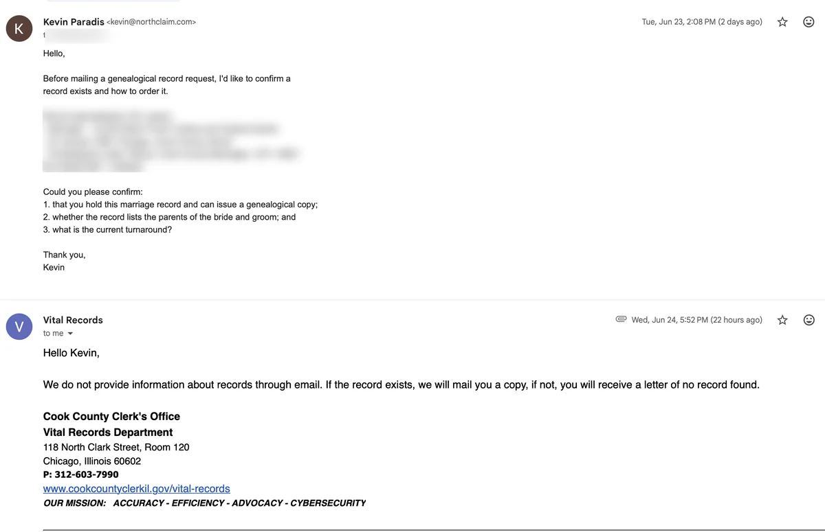 Redacted email thread with a vital records office reply.