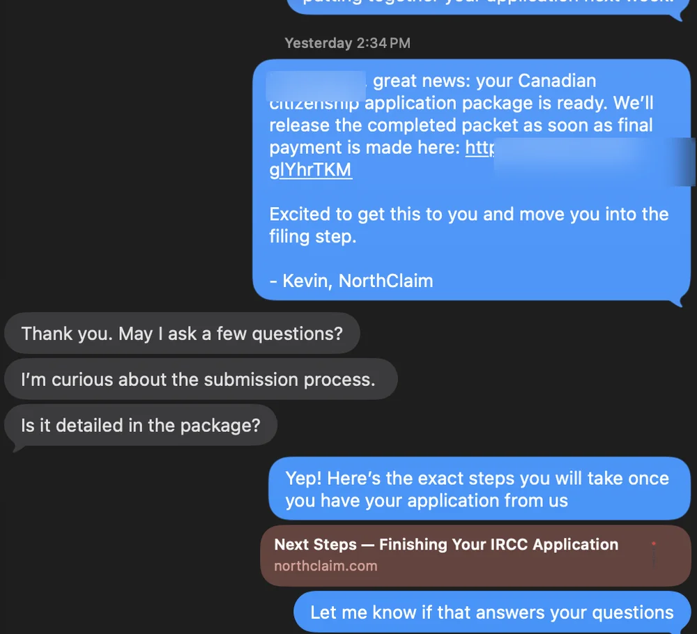 Redacted message answering submission-process questions.