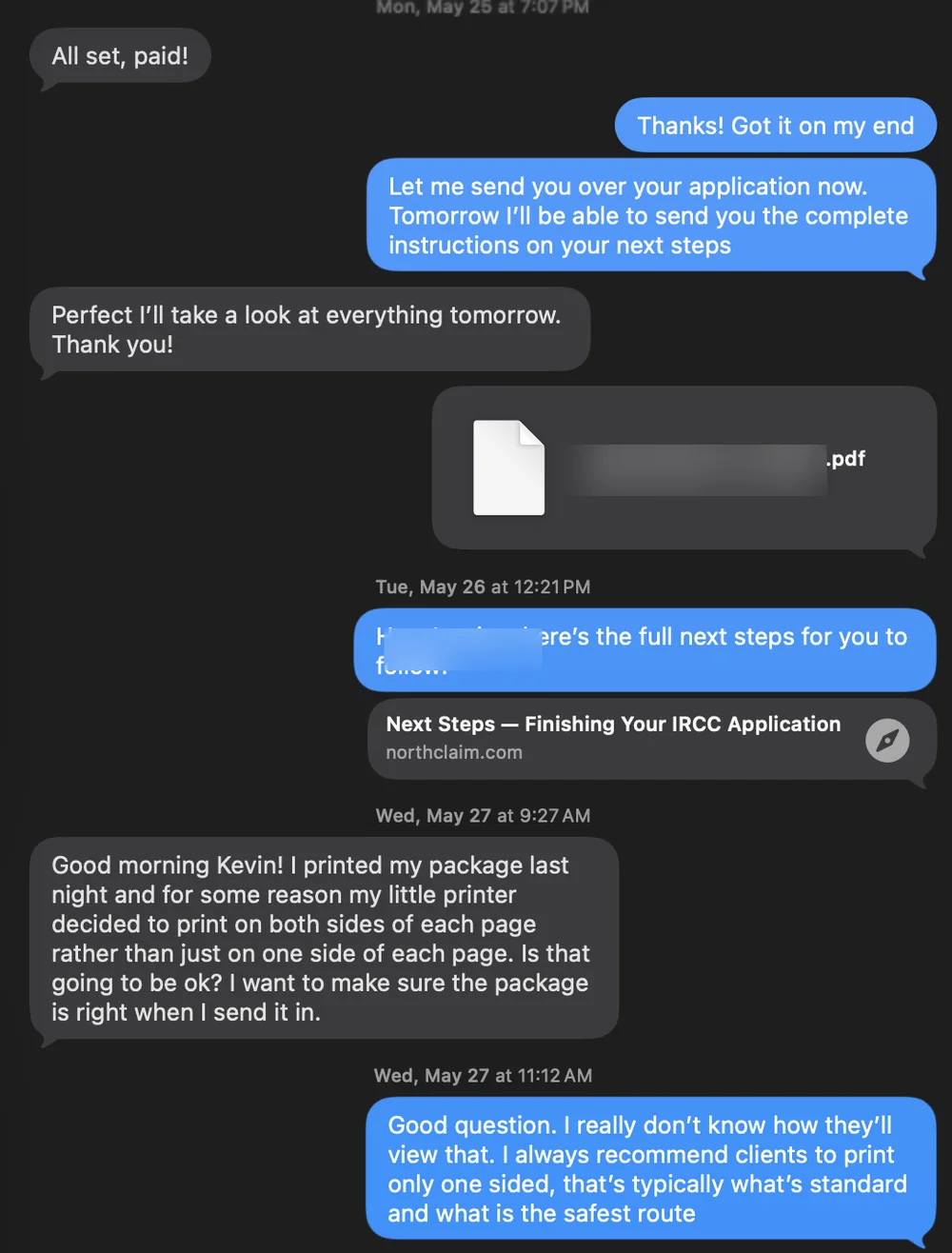 Redacted message showing a PDF application package delivered.