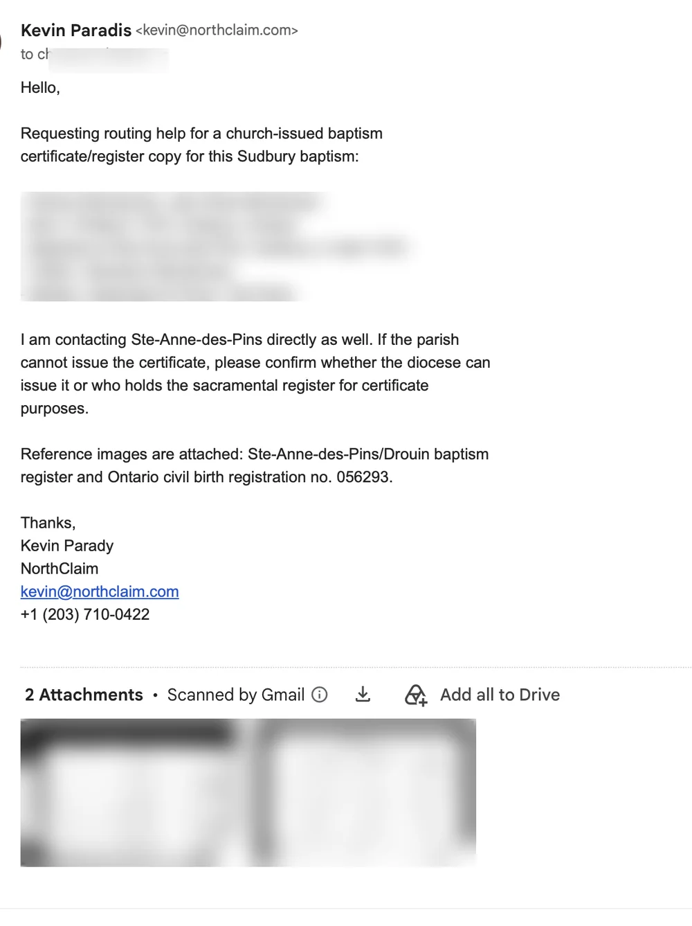 Redacted email requesting routing help for a church-issued baptism record.