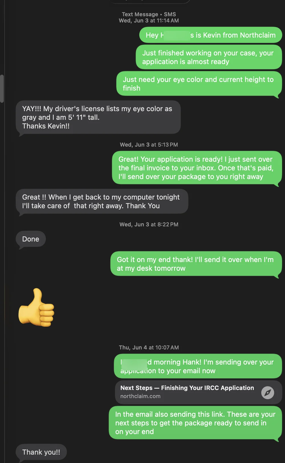 Redacted message showing client follow-up questions during application preparation.