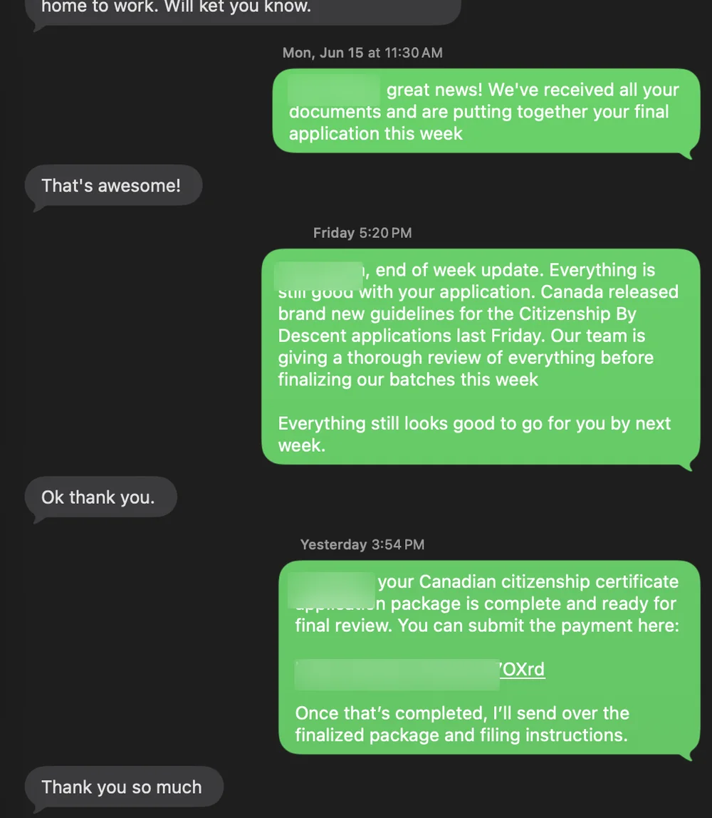 Redacted message showing end-of-week application updates.