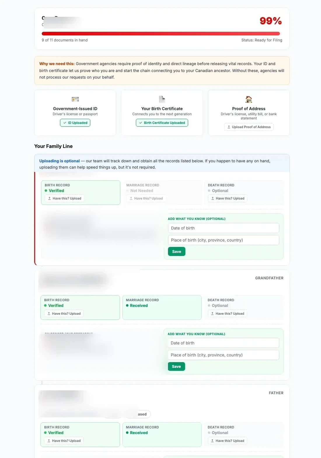 Redacted NorthClaim client portal showing case progress, required uploads, and family-line record tracking in one continuous view.