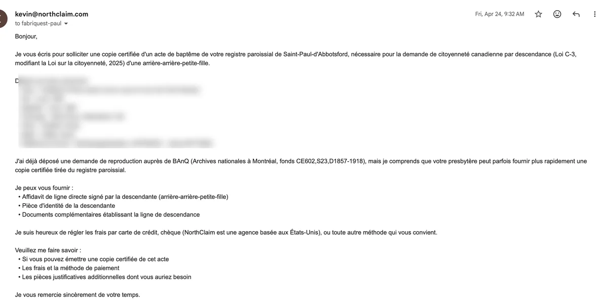 Redacted French email requesting a certified Quebec parish record copy.