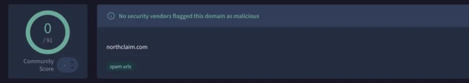 VirusTotal result for northclaim.com: no security vendors flagged this domain as malicious, 0 of 91